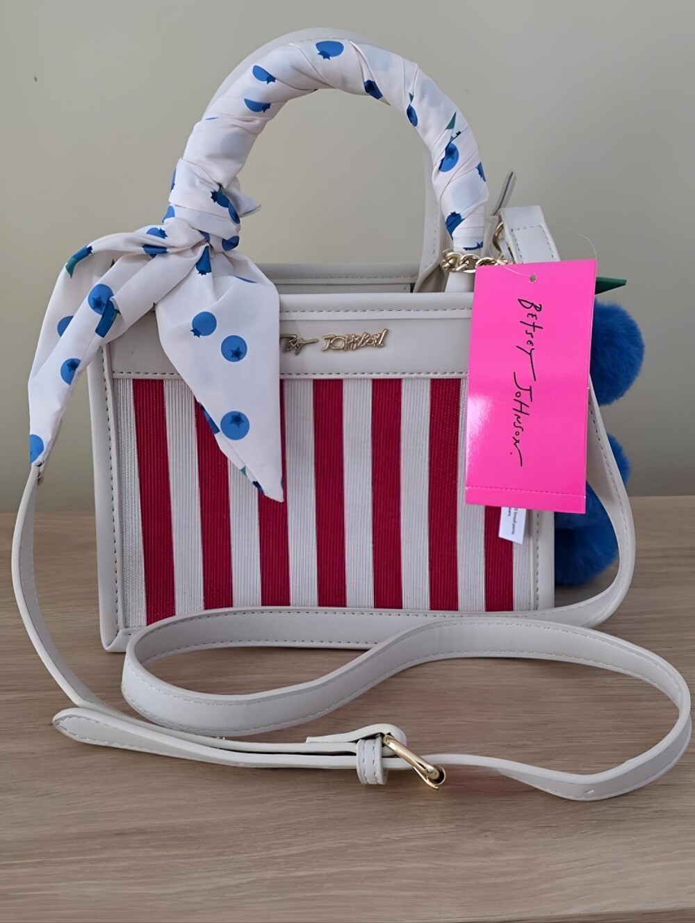 Betsey Johnson White & Red Striped Top-Handle Crossbody Bag XOLUCY